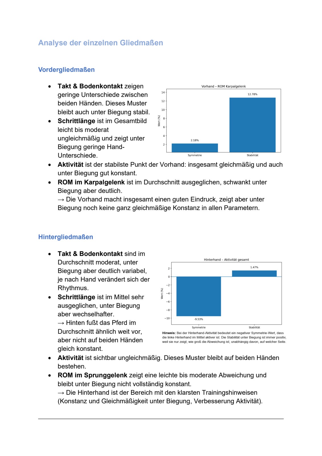 Ganganalyse-Bericht Seite 3 – Gliedmaßen-Einzelanalyse und ROM-Charts